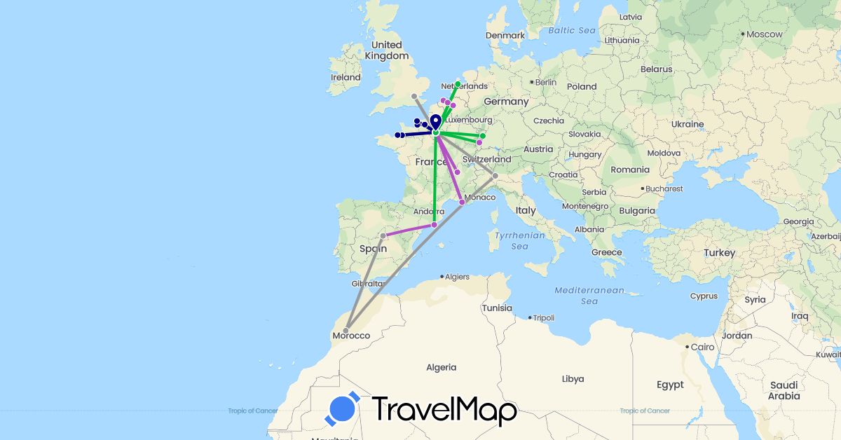 TravelMap itinerary: driving, bus, plane, train in Belgium, Spain, France, United Kingdom, Italy, Morocco, Netherlands (Africa, Europe)